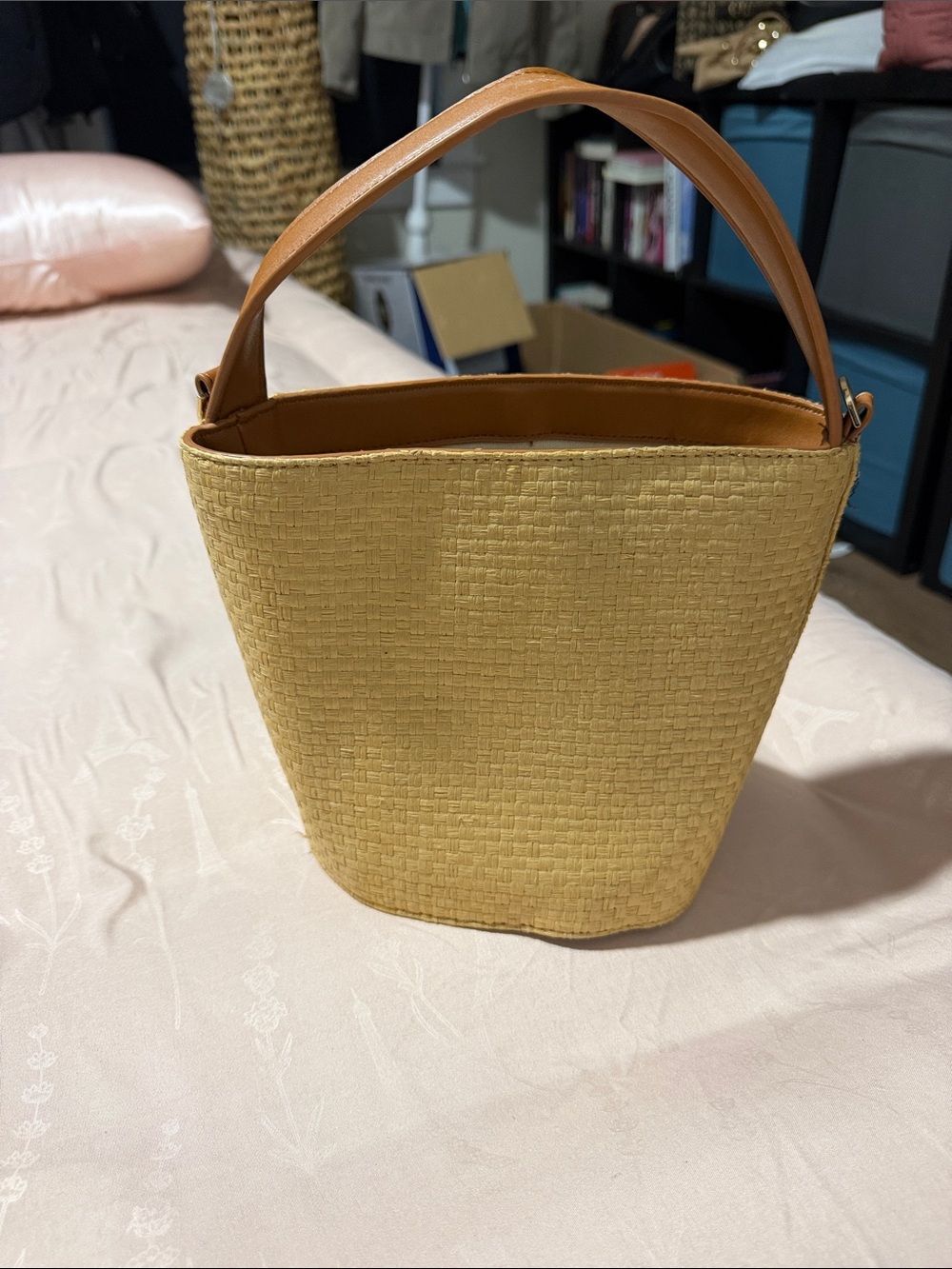 Forever 21 Yellow Woven Bucket Tote with Tan Handle